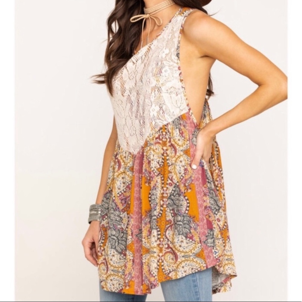 Boho Paisley Patchwork Tunic Tank - Cream & Mustard